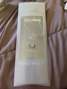 Nine West Silver Anklet and Toe Ring Set with Crystal Accents